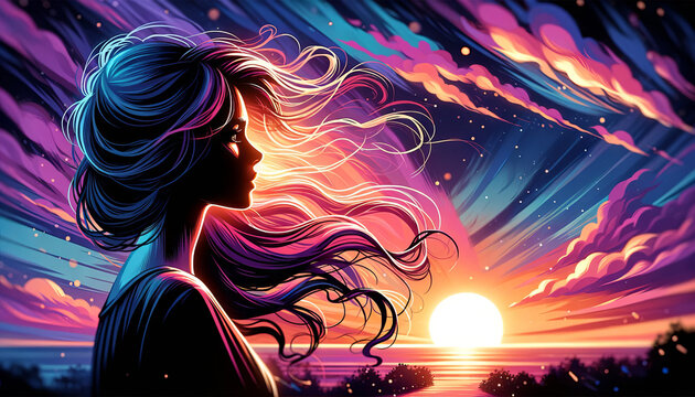 A whimsical, animated art style depiction of a woman looking at a setting sun, her hair blowing in the wind, with a look of longing.