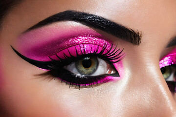 Fototapeta premium Close-up of a woman's eyes with hot pink eye shadow. Generative AI