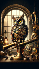 A steampunk owl with gear-shaped feathers, perched on an antique brass telescope.