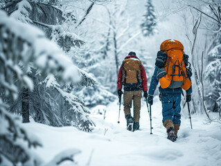 Two adventurers set off on an exciting winter hike, well-prepared with snow gear and supplies for their journey. - obrazy, fototapety, plakaty