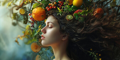 a lady with her hair thrown in the air in a fruity scene, concept of Using vitamin and fiber supplements helps promote health and youth - obrazy, fototapety, plakaty