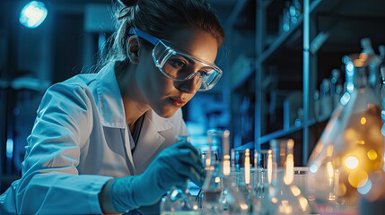 Beautiful Female Scientist Wearing Protective Goggles Mixing Chemicals in a Test Tube in a Lab. Young Professional Microbiologist Working in Modern Laboratory with Technological Equipment. - obrazy, fototapety, plakaty
