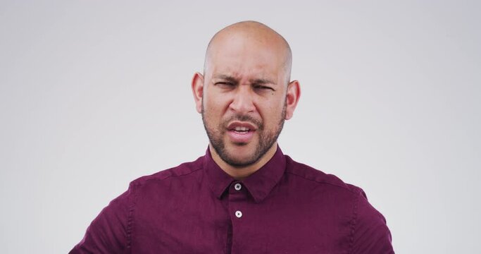 Frustrated, face and man with stress in a crisis with angry, anxiety and financial issue. Mental health, disaster and portrait of person with anger for conflict, mistake or panic attack breakdown