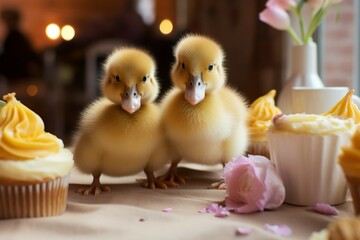 Easter cuteness fluffy ducklings on the table with Easter treats