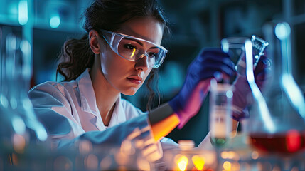 Obraz premium Beautiful Female Scientist Wearing Protective Goggles Mixing Chemicals in a Test Tube in a Lab. Young Professional Microbiologist Working in Modern Laboratory with Technological Equipment.