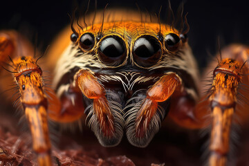 Extreme macro close up of the beautiful orange and red spider with orange legs