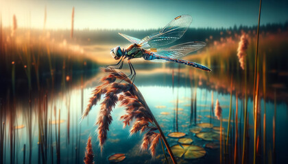 A close-up of a dragonfly resting on a reed, set against a serene and natural waterbody.