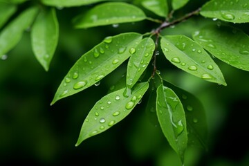 Raindrops on a green leaves close up, background wallpaper