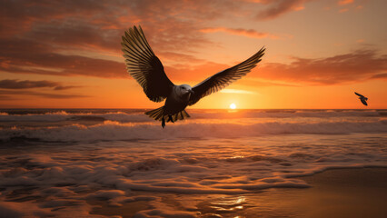 Fototapeta premium Aerial Harmony: Bird Soaring at Sunset Beach