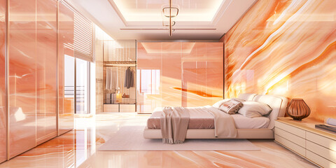 Modern bedroom in trendy peach color of the year 2024, glossy walls, floors and cabinets