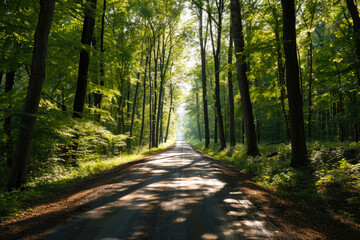 Naklejka premium Wilderness Drive: Centered Bitumen Road in the Heart of the Forest