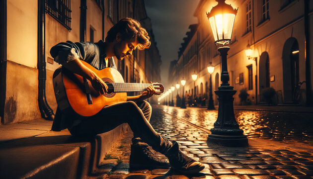 A guitarist strumming a classic guitar under the glow of a vintage streetlamp at night.