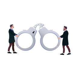 Two men carrying giant handcuffs. Restriction order concept. Justice. Arrest. Banner. Cops policemen.