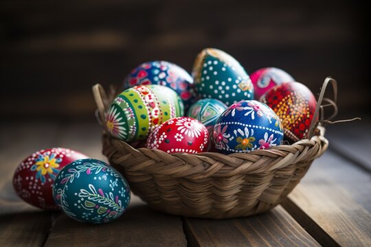 Exquisite chocolate Easter eggs, adorned with edible gold leaf and vibrant icing, elegantly presented on an ornate dessert stand for a festive celebration.