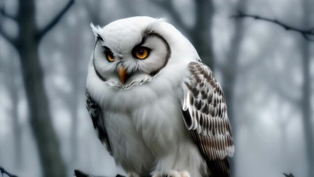 Snowy owl, Bubo scandiacus, perched on old stump in snow during snowfall. Arctic owl observing surroundings. Beautiful white polar bird with yellow eyes. Winter in wild nature habitat.