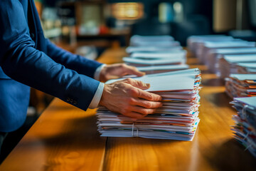 The hands of a male office worker in a classic suit are sorting through documents stacked in a high pile on a beautiful table for negotiations and business meetings - obrazy, fototapety, plakaty