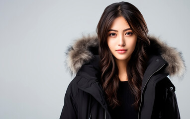 Portrait young asian woman in high fashion black winter coat with fur isolated on light grey background. Horizontal banner template with copy space - obrazy, fototapety, plakaty