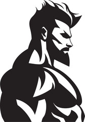 Comic Strength Emblem Cartoon Caricature Black Bodybuilder in Vector Muscled Titan Impact Vector Black Logo Icon of Caricature Bodybuilder