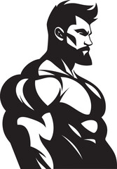 Gym Heroic Emblem Cartoon Caricature Bodybuilder in Black Vector Mighty Muscle Fusion Vector Black Logo Icon of Caricature Bodybuilder