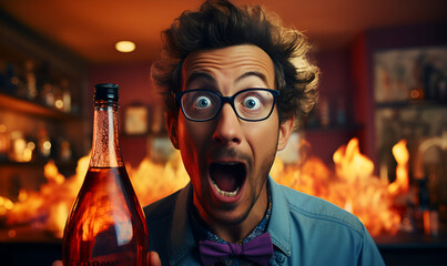 Surprised happy man with disheveled hair and open mouth wearing glasses holding a bottle - obrazy, fototapety, plakaty