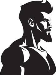 Mighty Muscle Fusion Vector Black Logo Icon of Caricature Bodybuilder Comic Power Pose Caricature Bodybuilder in Black Logo Icon