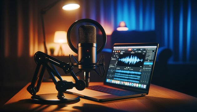 A professional podcast setup with a high-quality microphone, pop filter, and laptop displaying sound waves. Ambient lighting enhances the intimate atmosphere suitable for audio recording.