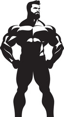 Chiseled Champion Caricature Bodybuilder in Black Vector Logo Mighty Muscleman Black Logo Icon of Cartoon Caricature Bodybuilder