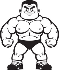 Muscled Titan Charm Cartoon Caricature Bodybuilder in Black Vector Robust Muscle Monarch Vector Black Logo Icon of Caricature Bodybuilder