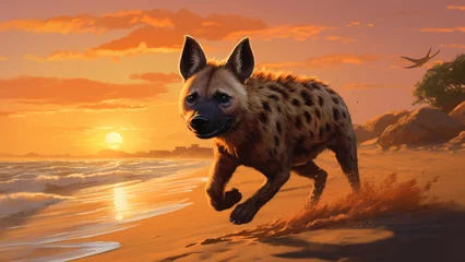 Tuinposter Golden Hour Gazes: Hyena's Coastal Chase under the Sunset Sky © Andrii