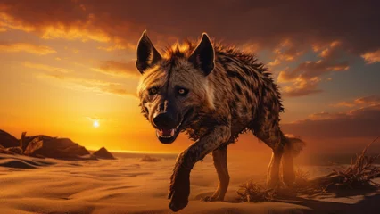 Fotobehang Majestic Hyena: Seaside Sunset Sprint in the Warmth of Sunbeams © Andrii