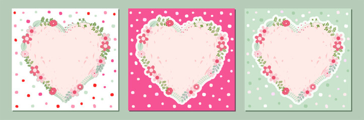 Cute vector set with floral frame cards with hearts and flowers in pink and mint green colors for wedding invitations, greeting cards - 702253767