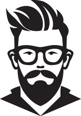 Retro Modern Artistry Black Logo Icon of Cartoon Hipster Man Face Artistic Whiskers Fusion Hipster Man Face Cartoon in Black Vector