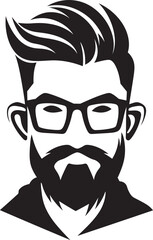Retro Chic Fusion Hipster Man Face Cartoon in Black Vector Whimsical Trendsetter Cartoon Hipster Man Face Vector Black Icon