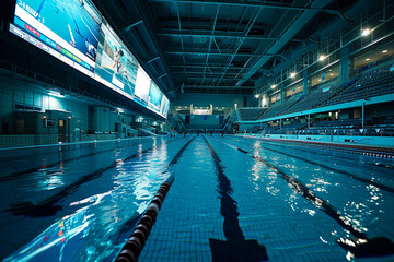 An athlete focusing on start and turn techniques in an Olympic pool, with high-speed cameras capturing the action and large screens for immediate playback and analysis. - obrazy, fototapety, plakaty