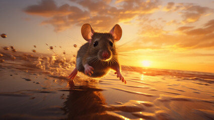 Mouse's Coastal Delight: Sunset Radiance by the Seashore