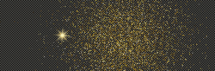 Gold glittering dust with stars on transparent backdrop