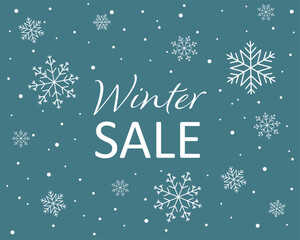 Fototapeta na wymiar Winter sale banner on blue background with snowfall