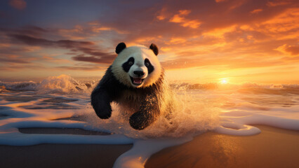 Panda's Sunset Serenity: Coastal Bliss in the Warm Embrace of Evening Colors