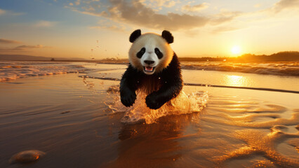 Panda's Tranquil Twilight: A Captivating Scene of Harmony as the Sun Sets by the Coastal Horizon