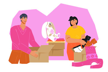 Family organizes the move and pack their belongings, flat vector illustration isolated on white. Moving into or out of house. Relocation help.