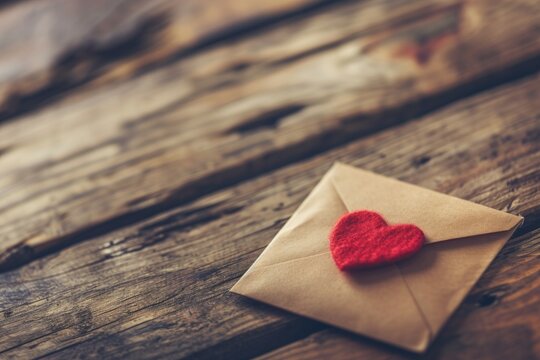 Envelope and red heart on vintage wooden table for love message on Valentines Day
