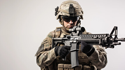Fototapeta na wymiar US Army military hold machine gun in white background