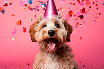 Happy dog celebrating birthday party. Portrait cute smiling goldendoodle over vivid pink background with falling colorful confetti