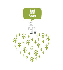 Vector illustration of Environmentally friendly planet. Hand drawn cartoon forest with sketch of human. Save our planet, plant a tree.  Eco mindfulness,  Protect the World from pollution concept.