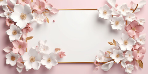 Blank frame decorated with flowers on the pink background. Concept for marketing banner, wedding greeting card, social media, Valentines Day, Birthday, Women's Day, Mother's day, beauty and fashion.
