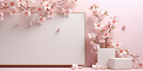 Blank frame and flowers on the pink background mockup. Concept for marketing banner, wedding greeting card, social media, Valentines Day, Birthday, Women's Day, Mother's day, celebration, beauty a