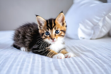 A cute cat lying face down on a white bed. Generative AI