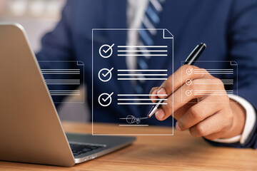 Efficient Electronic Signature Concept, Businessman using stylus pen signs electronic documents on...