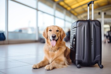 The dog is at the airport next to the luggage waiting for his flight. The pet moves to another city and country, traveling with his best friend. Cute golden retriever. Generative AI. - obrazy, fototapety, plakaty