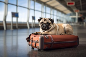 The dog is at the airport next to the luggage waiting for his flight. The pet moves to another city and country, traveling with his best friend. Cute pug puppy. Generative AI.